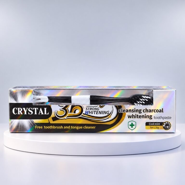 Crystal3D Cleansing charcoal whitening toothpaste on a white display stand
