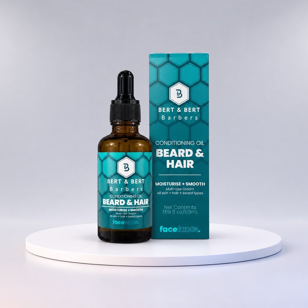 Face Facts Bert & Bert Beard & Hair Conditioning Oil 50ml on a white display stand