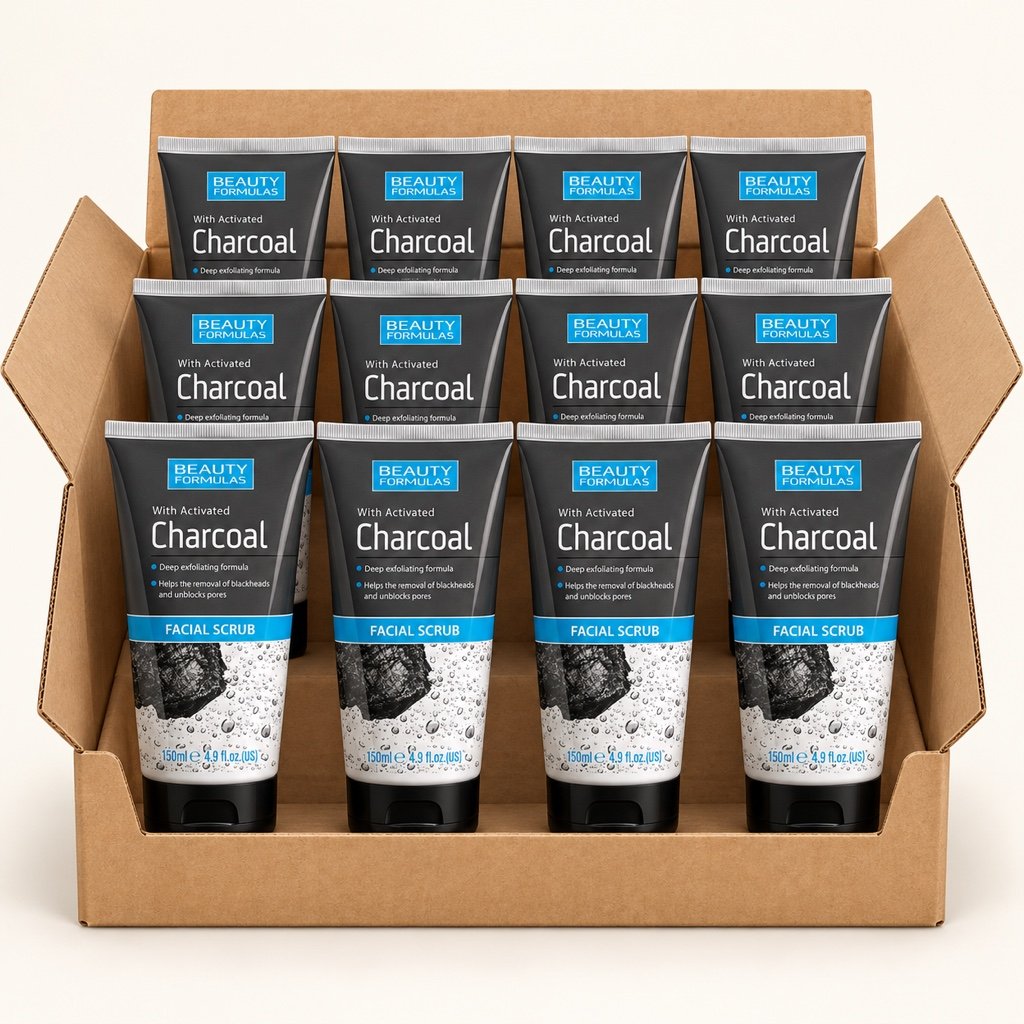 Beauty Formulas Charcoal Facial Scrub 150ml, wholesale pack illustration showing 12 units