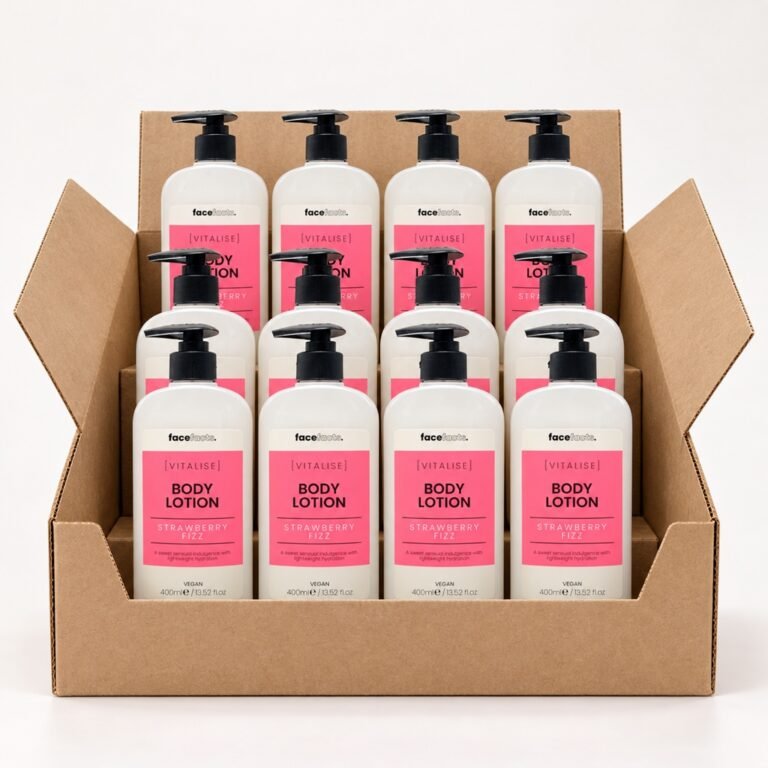 Face Facts Vitalise Body Lotion – Strawberry 400ml, wholesale pack illustration showing 12 units