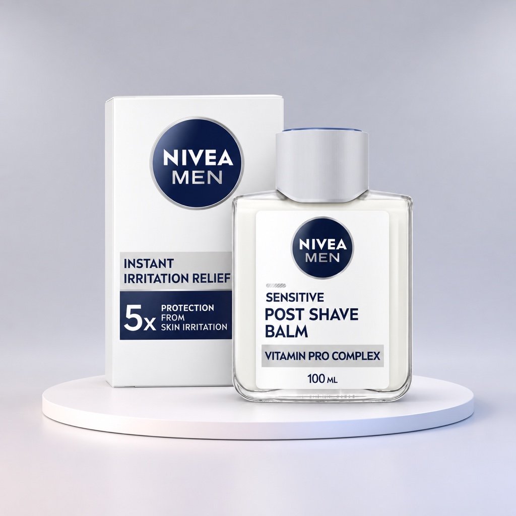 NIVEA MEN Sensitive Post Shave Balm 100ml on a white display stand