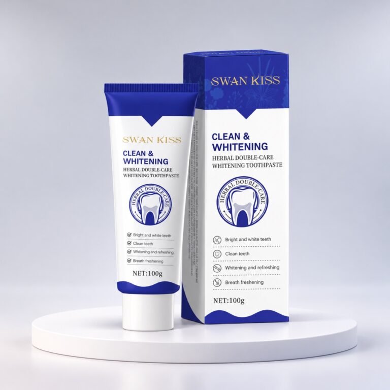 Swan Kiss - Clean and Whitening Toothpaste on a white display stand